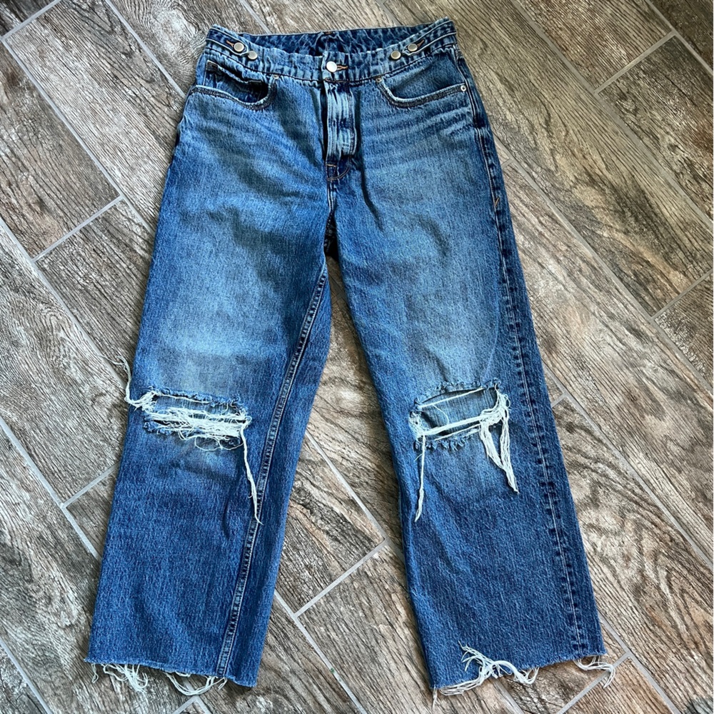 Good American Straight Wide Leg Distressed Jeans, Raw Hem, High Waist, Women 26